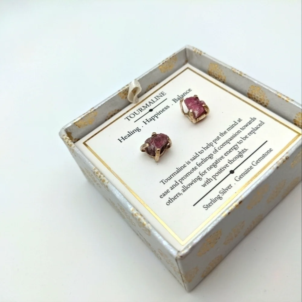 Raw Pink Tourmaline 925 Silver Stud Earrings NIB